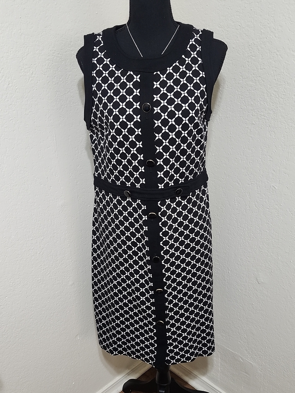 Talbots Geometric Print Ponte Sheath Dress Black White Sz 10 Office Wear Busines